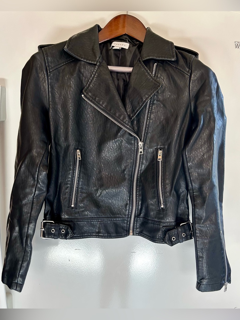 Top Shop Vegan Leather Jacket Sz 6 Amazing Condition Motorcycle Girl Cropped